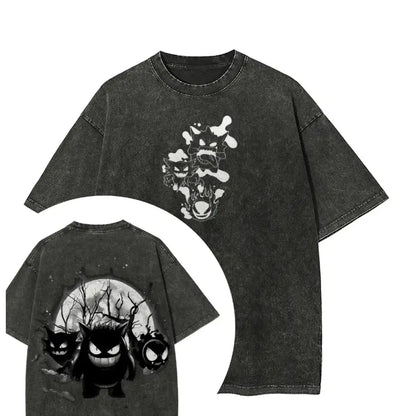 Black distressed cotton pokemon starters abbey road parody oversized tee with acid wash finish and gengar prints front and back