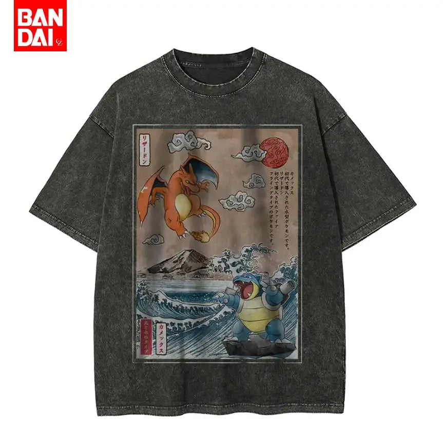 Black distressed cotton acid wash t-shirt with vintage japanese print of orange Charizard and blue Blastoise