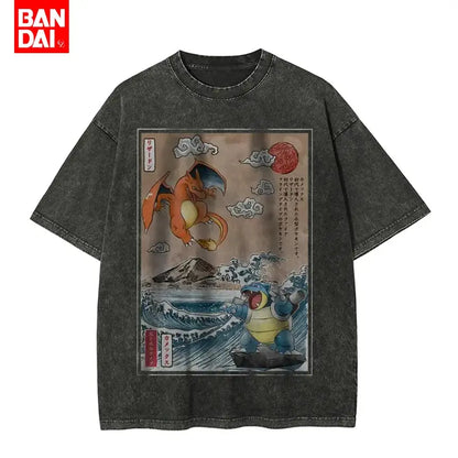 Black distressed cotton acid wash t-shirt with vintage japanese print of orange Charizard and blue Blastoise