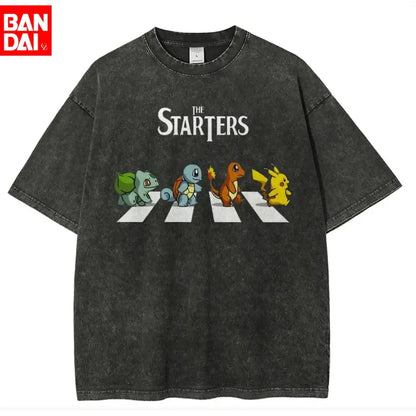 Black distressed cotton pokemon starters oversized tee with acid wash finish featuring abbey road parody graphic