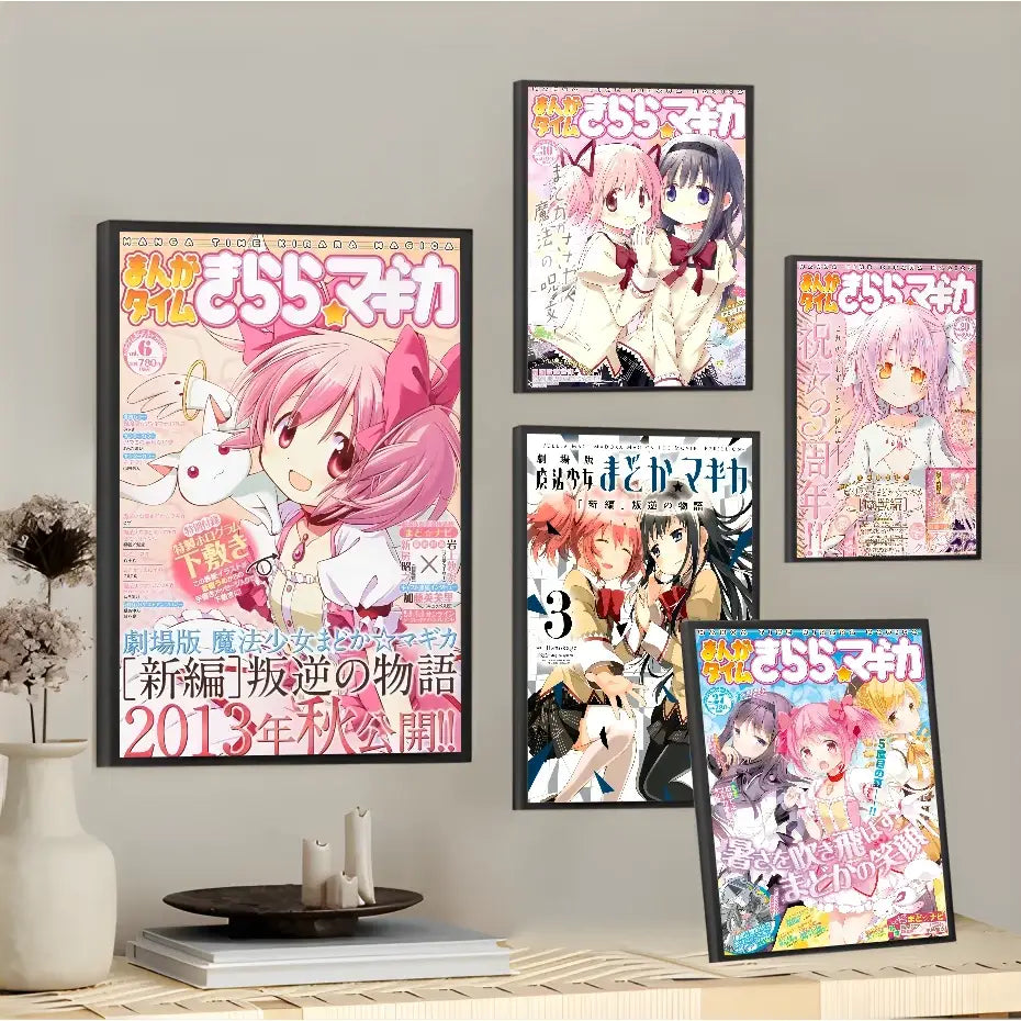 Five framed puella magi madoka magica posters with colorful pink red and purple hair characters waterproof wall art