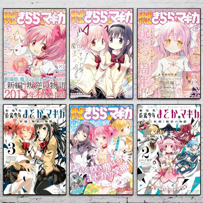 Six colorful puella magi madoka manga covers featuring anime girls with pink purple and red hair on waterproof wall art