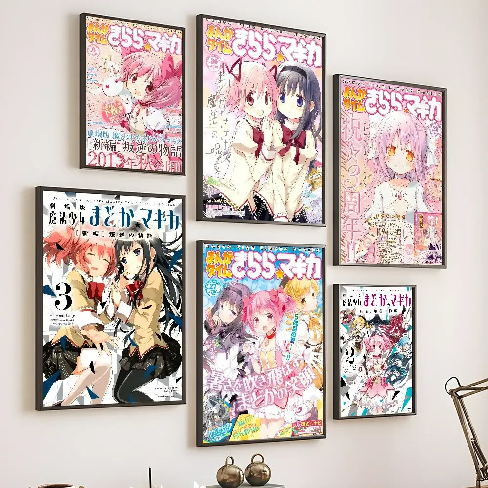 Six framed puella magi madoka anime posters with colorful character designs as waterproof wall art for decoration