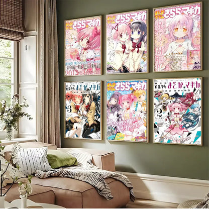 Six framed puella magi madoka anime posters with colorful pink white and red hair characters waterproof wall art