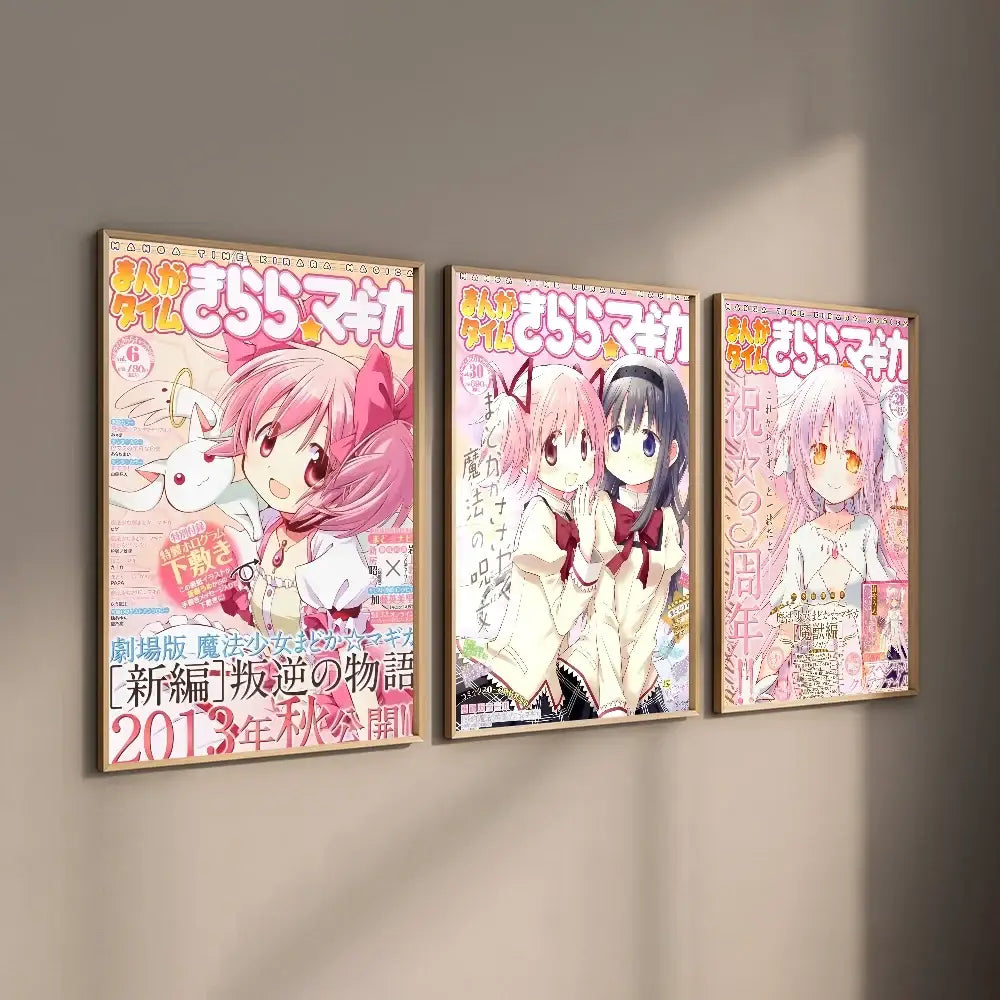 Three framed puella magi madoka anime posters with pink-haired characters in school uniforms waterproof wall art
