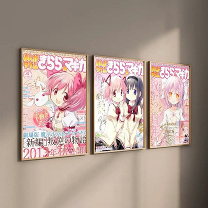 Three framed puella magi madoka anime posters with pink-haired characters in school uniforms waterproof wall art