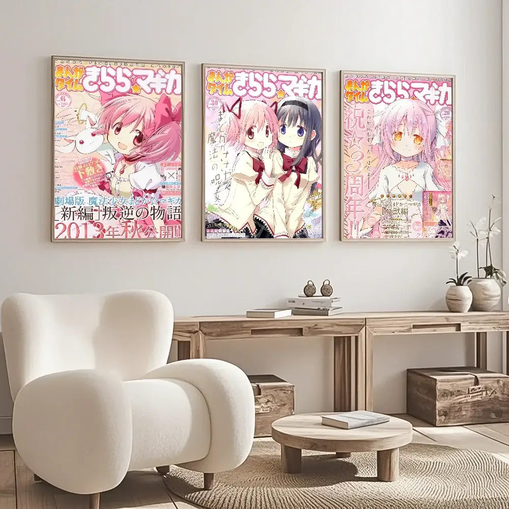 Three framed puella magi madoka posters featuring pink-haired characters in school uniforms waterproof wall art