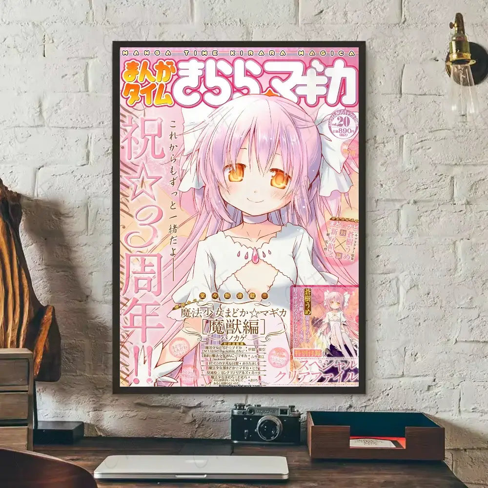 A framed puella magi madoka poster featuring a pink-haired anime character in white lace outfit waterproof wall art