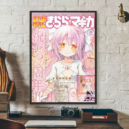 A framed puella magi madoka poster featuring a pink-haired anime character in white lace outfit waterproof wall art