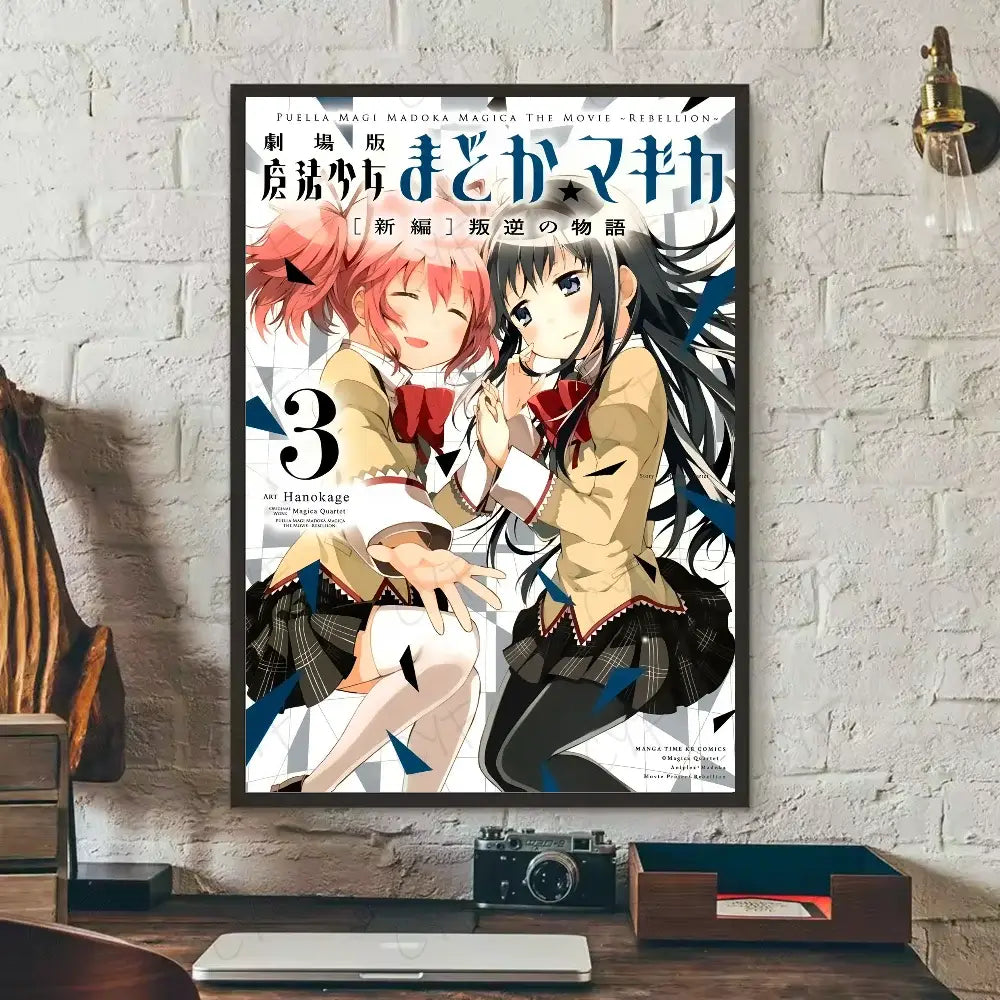 A framed puella magi madoka poster featuring two anime girls with pink and black hair in waterproof wall art