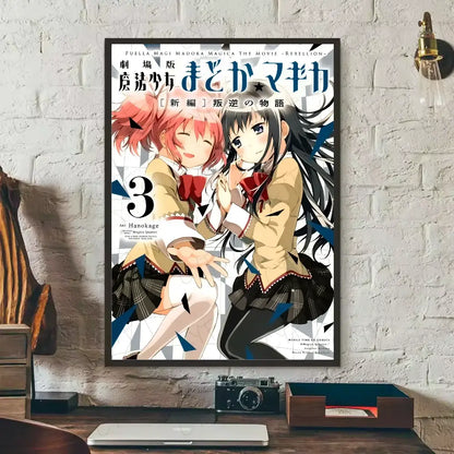 A framed puella magi madoka poster featuring two anime girls with pink and black hair in waterproof wall art