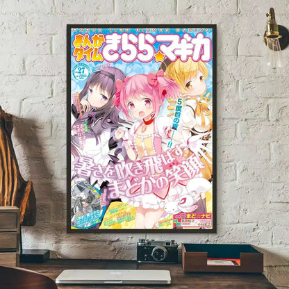 A framed puella magi madoka manga poster with three anime girls in pink purple and blonde hair on bright blue waterproof wall art