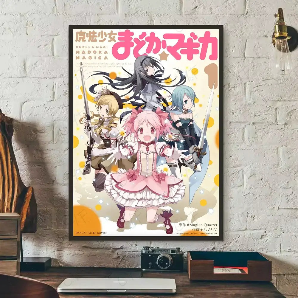 A framed puella magi madoka magica poster with vibrant pink black and beige art on waterproof wall art material