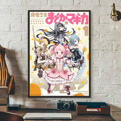 A framed puella magi madoka magica poster with vibrant pink black and beige art on waterproof wall art material