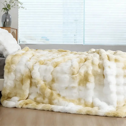Plush faux rabbit fur throw blanket with soft white and golden-yellow gradient for cozy warmth and comfort