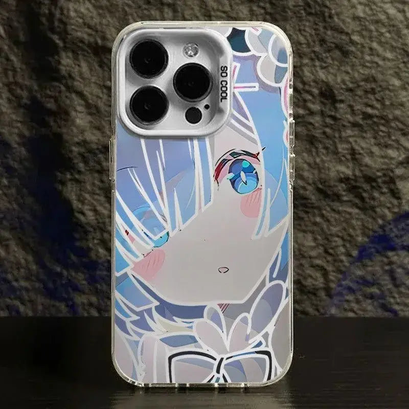 Clear rem phone case for iphone featuring vibrant blue hair anime character in light blue white pink and black colors