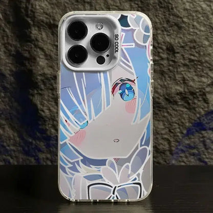 Clear rem phone case for iphone featuring vibrant blue hair anime character in light blue white pink and black colors