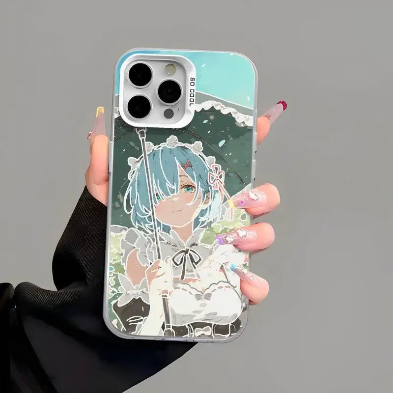Transparent rem phone case for iphone featuring anime character with light blue hair holding umbrella on teal background