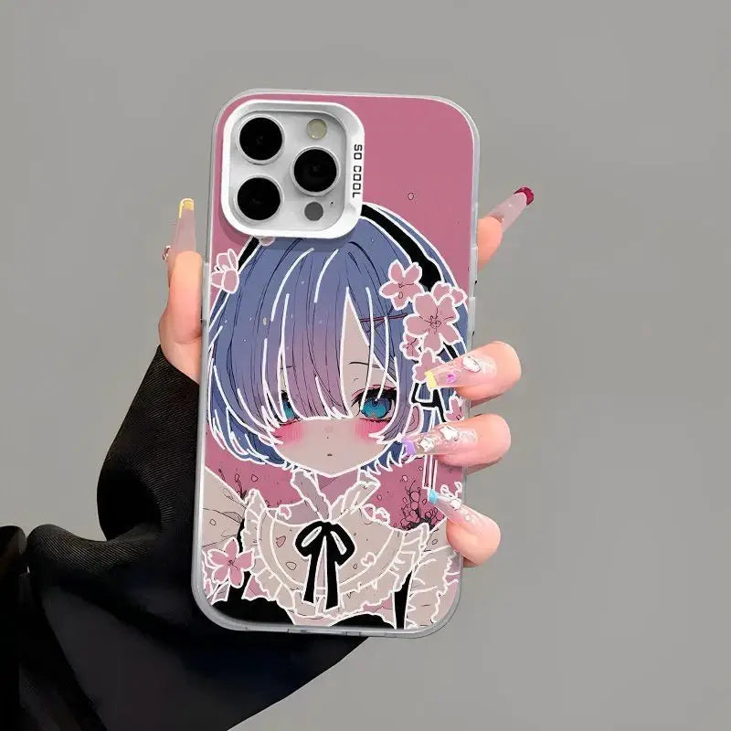 Back side of a pink transparent rem phone case featuring blue hair anime character with cherry blossoms lace design