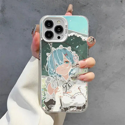 Clear rem phone case for iphone featuring anime character zero rem with light blue hair and white lace details