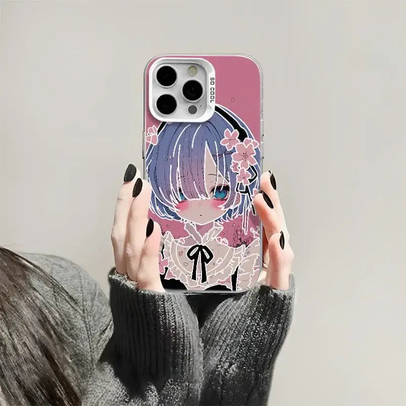 Back side of a pink translucent rem phone case with blue hair anime illustration and cherry blossoms for iphone