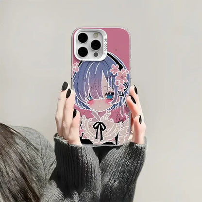 Back side of a pink translucent rem phone case with blue hair anime illustration and cherry blossoms for iphone
