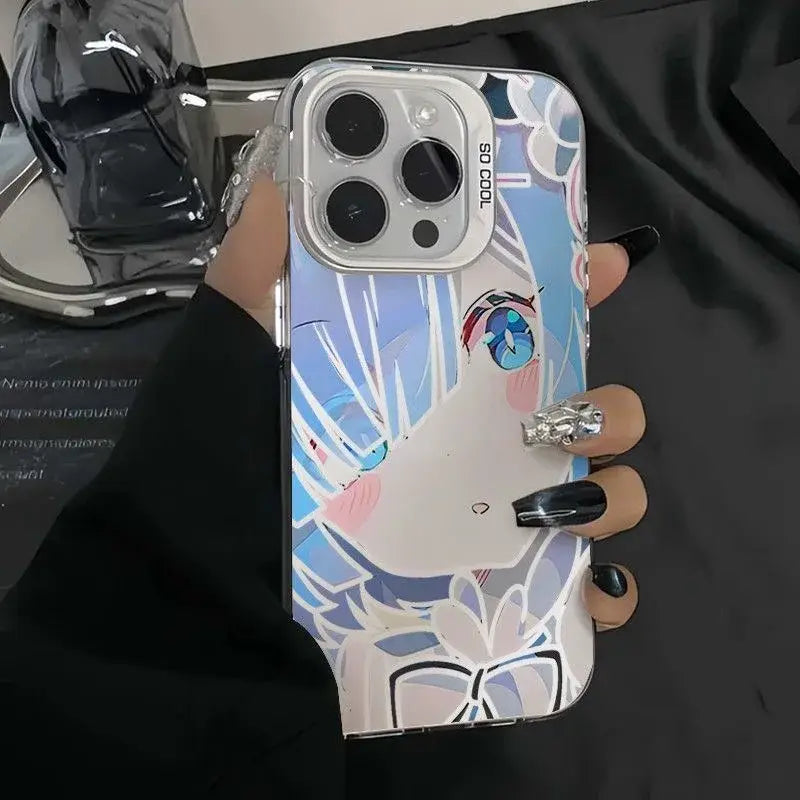 Transparent blue and white anime rem phone case with pink cheeks on the back side holding an iphone 13 pro zero rem design