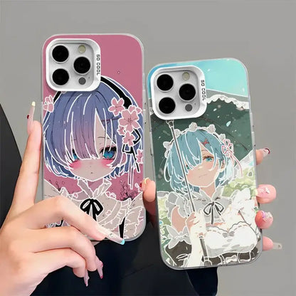 Two translucent rem phone cases for iphone featuring anime designs with pink and teal backgrounds on the back side