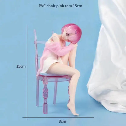 Re zero rem sitting chair pvc figure with pink hair character styling on a transparent chair collectible figurine