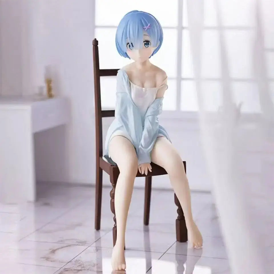 Light blue short-haired rem chair pvc figure with pink star hairpin wearing off-shoulder robe and white undergarments