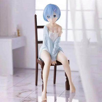 Light blue short-haired rem chair pvc figure with pink star hairpin wearing off-shoulder robe and white undergarments