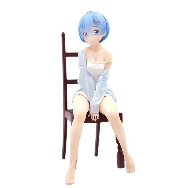 Blue-haired rem chair pvc figure wearing off-the-shoulder light blue robe with pink bow showcasing character styling