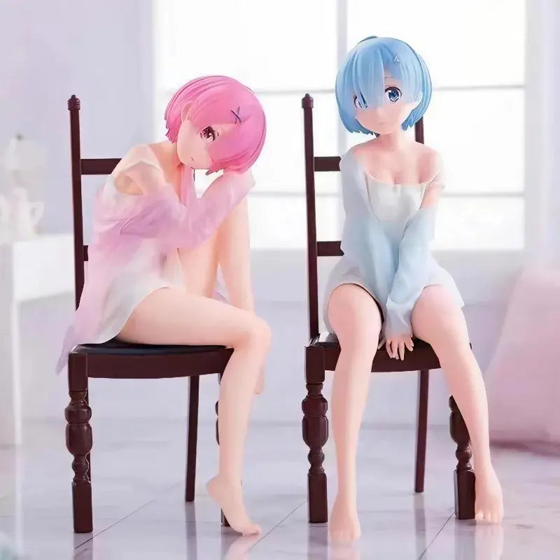 Rezero rem sitting chair pvc figure with pink and blue character styling seated on dark wooden chairs collectible