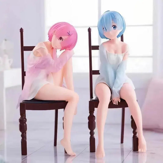 Rezero rem sitting chair pvc figure with pink and blue character styling seated on dark wooden chairs collectible