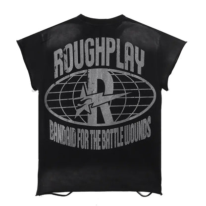 Back of black distressed loose cotton sleeveless t-shirt with silver roughplay globe and lightning bolt rhinestone print