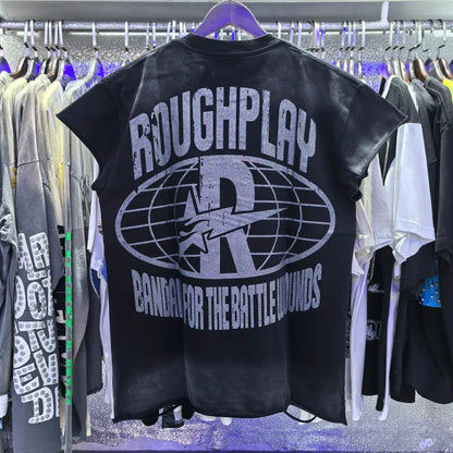 Black short-sleeved cotton t-shirt with distressed silver roughplay graphic and oval globe design for casual wear