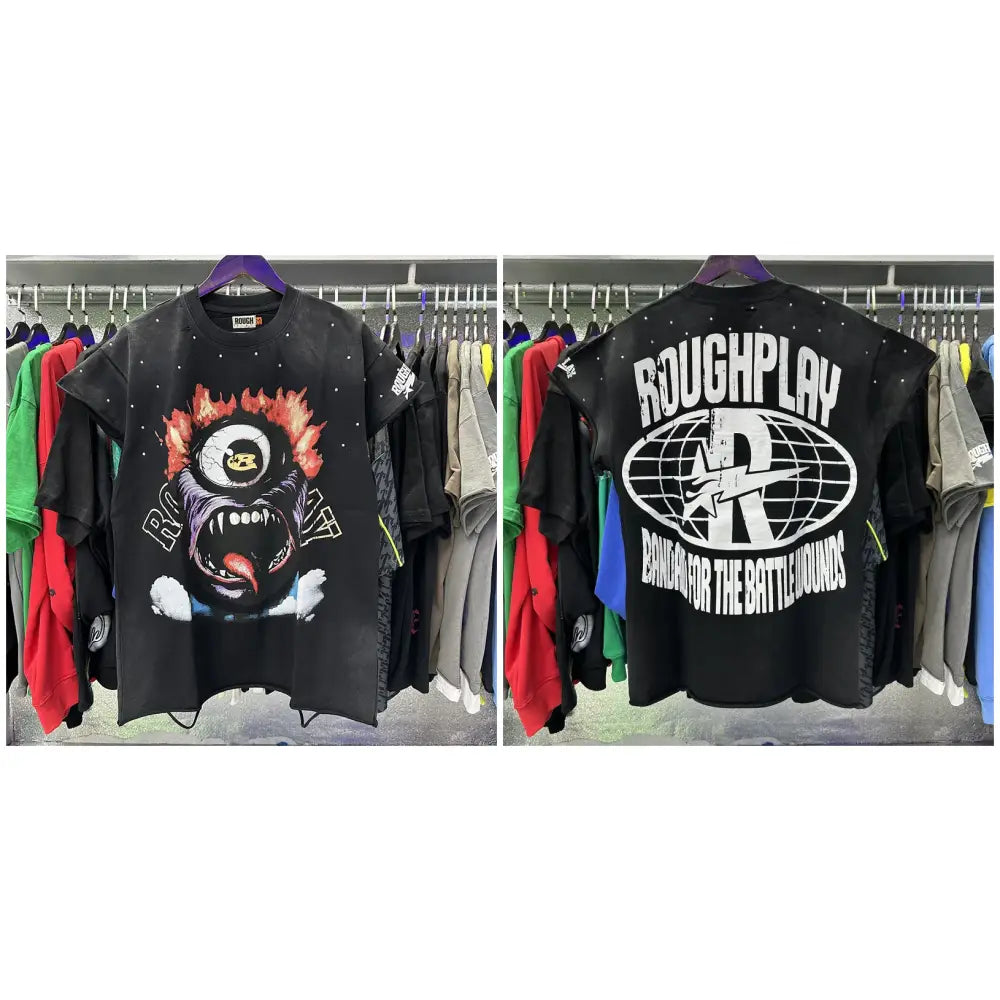 Black loose cotton sleeveless t-shirt with rhinestone fiery monster graphic and roughplay branding on the back