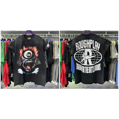 Black loose cotton sleeveless t-shirt with rhinestone fiery monster graphic and roughplay branding on the back