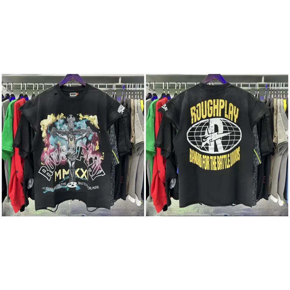 Black cotton rhinestone printed sleeveless t-shirt with crucifixion graphic and bold yellow roughplay text on front