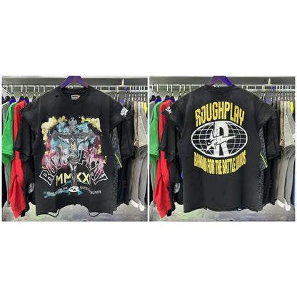 Black cotton rhinestone printed sleeveless t-shirt with crucifixion graphic and bold yellow roughplay text on front