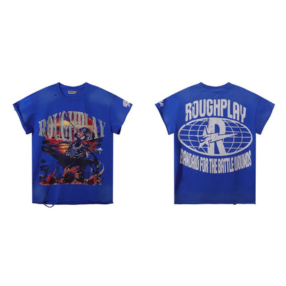 Blue roughplay rhinestone printed sleeveless loose cotton t-shirt with skeleton on horseback graphic and white logo