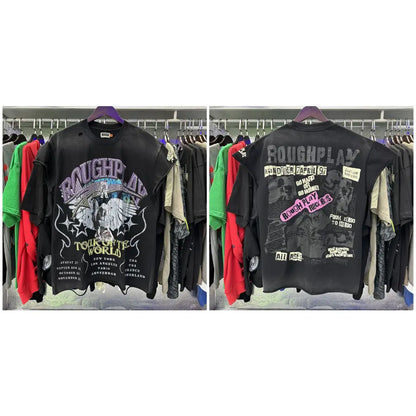 Black loose cotton sleeveless rhinestone printed t-shirt with roughplay branding and white silver angel tour design