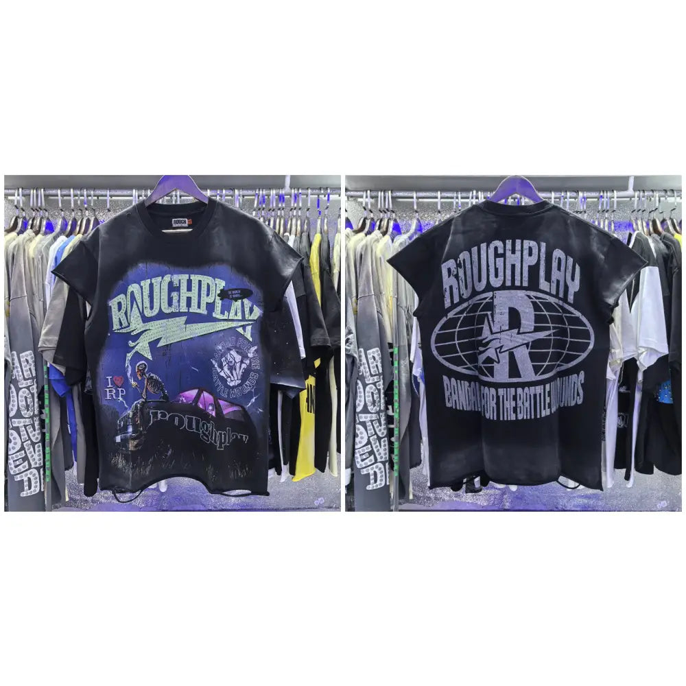 Black short-sleeved loose cotton t-shirt with distressed graphic print and roughplay branding front and back