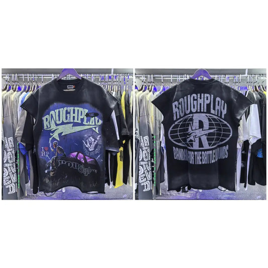Black short-sleeved loose cotton t-shirt with distressed graphic print and roughplay branding front and back