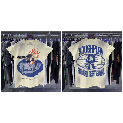 Cream-colored loose cotton sleeveless t-shirt with bold blue roughplay flame and globe logo front and back rhinestone print