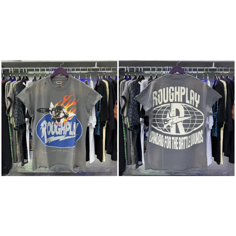 Gray loose cotton rhinestone sleeveless t-shirt with flame wolf graphic on front and globe logo on back shown