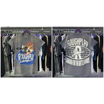 Gray loose cotton rhinestone sleeveless t-shirt with flame wolf graphic on front and globe logo on back shown