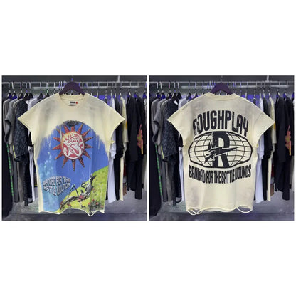 Off-white loose cotton sleeveless t-shirt with rhinestone print and sunburst graphic roughplay text on back showing distressed texture