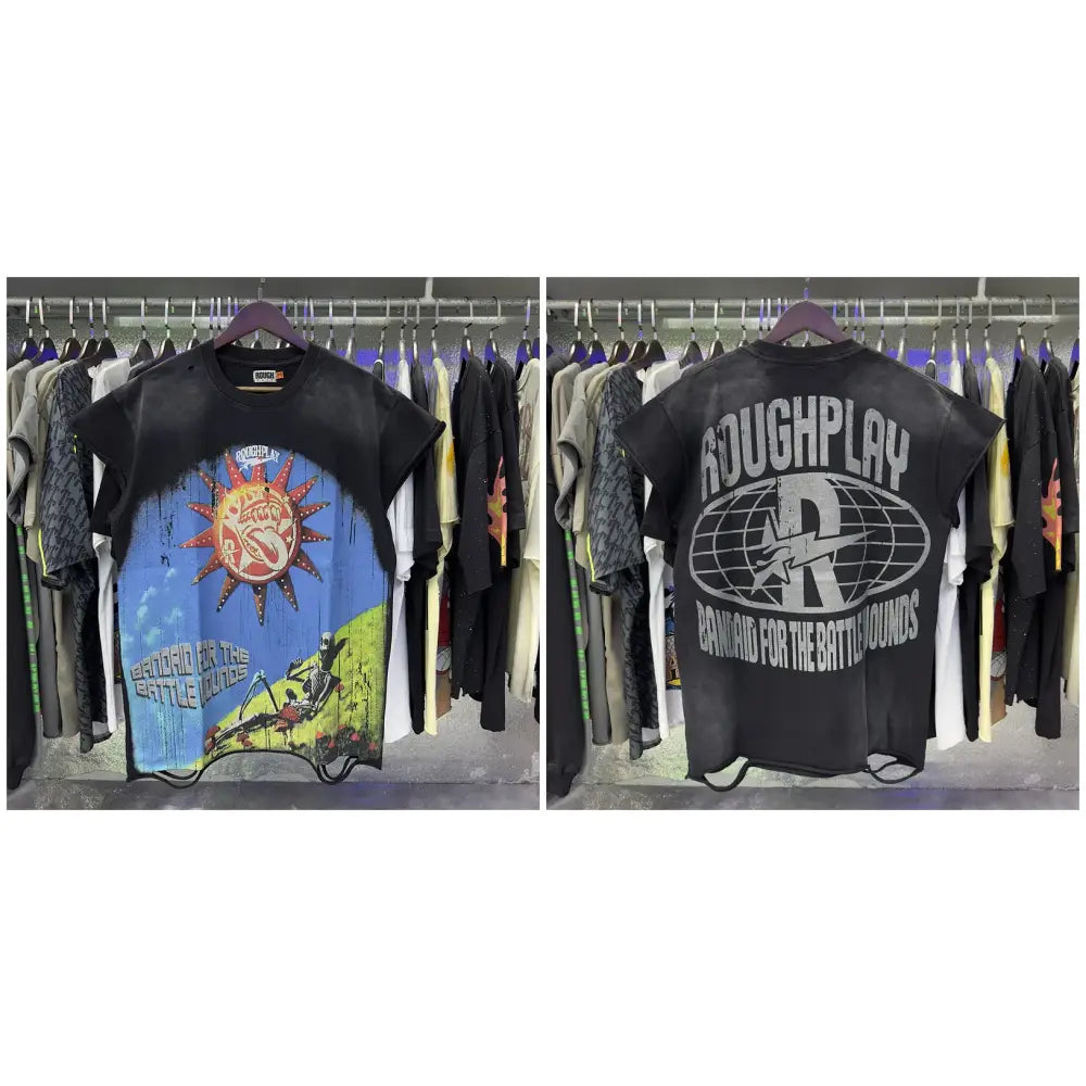 Black short-sleeved cotton t-shirt with vibrant sun graphic and roughplay branding on back, rhinestone printed detail