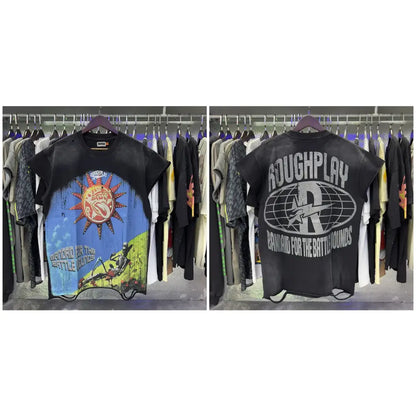 Black short-sleeved cotton t-shirt with vibrant sun graphic and roughplay branding on back, rhinestone printed detail